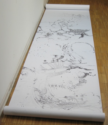 ”Von der Suche nach dem, was kommt", 2007
Kuli auf Papier, 80 x 300 cm